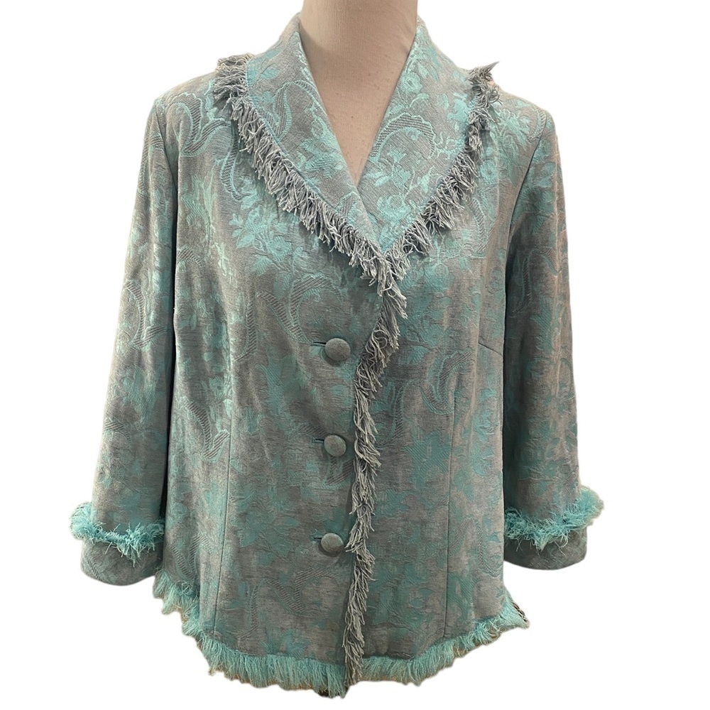 ca.dual by c.a. sport Floral Brocade Fringe Blue Tapestry Boho Coat Top sz 16
